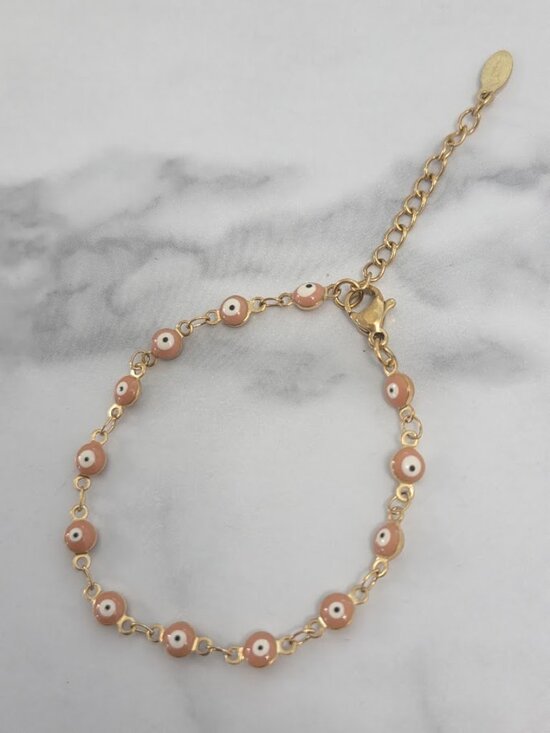 Jewelry - Gold Plated Evil Eye Enamel Chain Link Bracelet Pink Peach